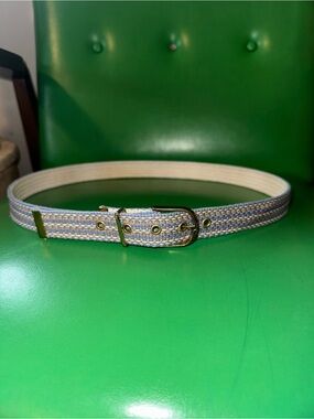 Woven Blue and Cream Women's Casual Belt with Gold Buckle